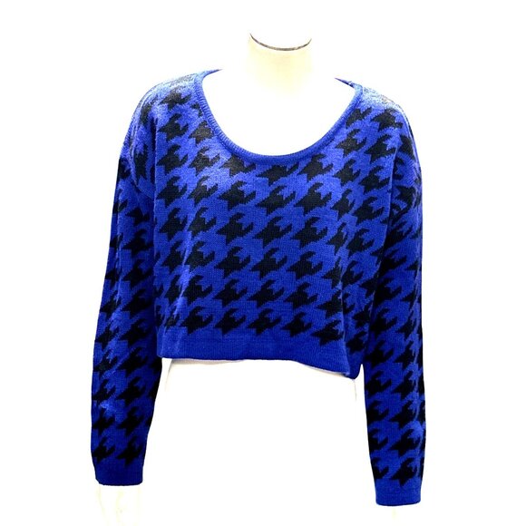 36 Point 5 Small Blue Black Houndstooth Crop Sweater Bold Knit Streetwear - Picture 2 of 11
